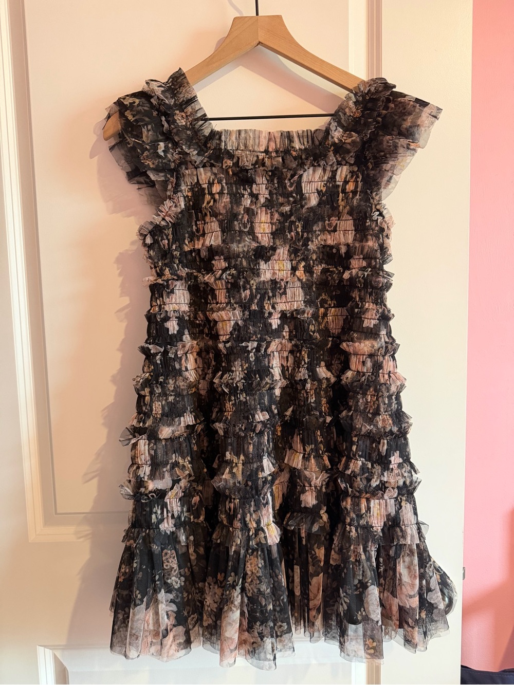 Girls' Black Floral Ruffle Party Dress